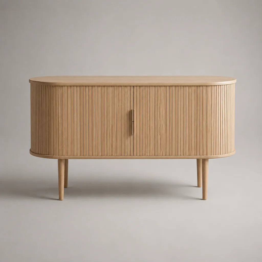 Buffet oblongo basso con porte scorrevoli in MDF impiallacciato rovere e rovere massello, rovere naturale, 120 × 40 × 80 cm