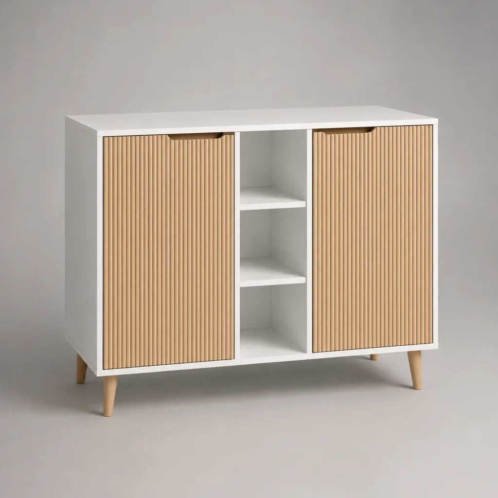 Tavolo di stoccaggio in legno, 2 porte e 3 nicchie, legno bianco e naturale, 120 × 40 × 90 cm