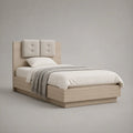 Letto singolo 90 × 200 cm in rovere chiaro effetto pannelli di particelle con testa di letto imbottita beige
