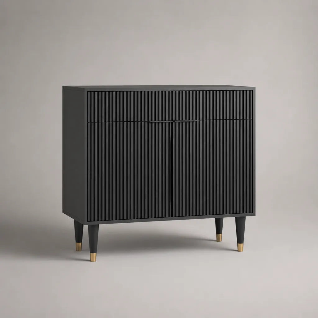 Armadio in legno nero e metallo oro, 2 cassetti e 2 porte, 100 × 40 × 90 cm