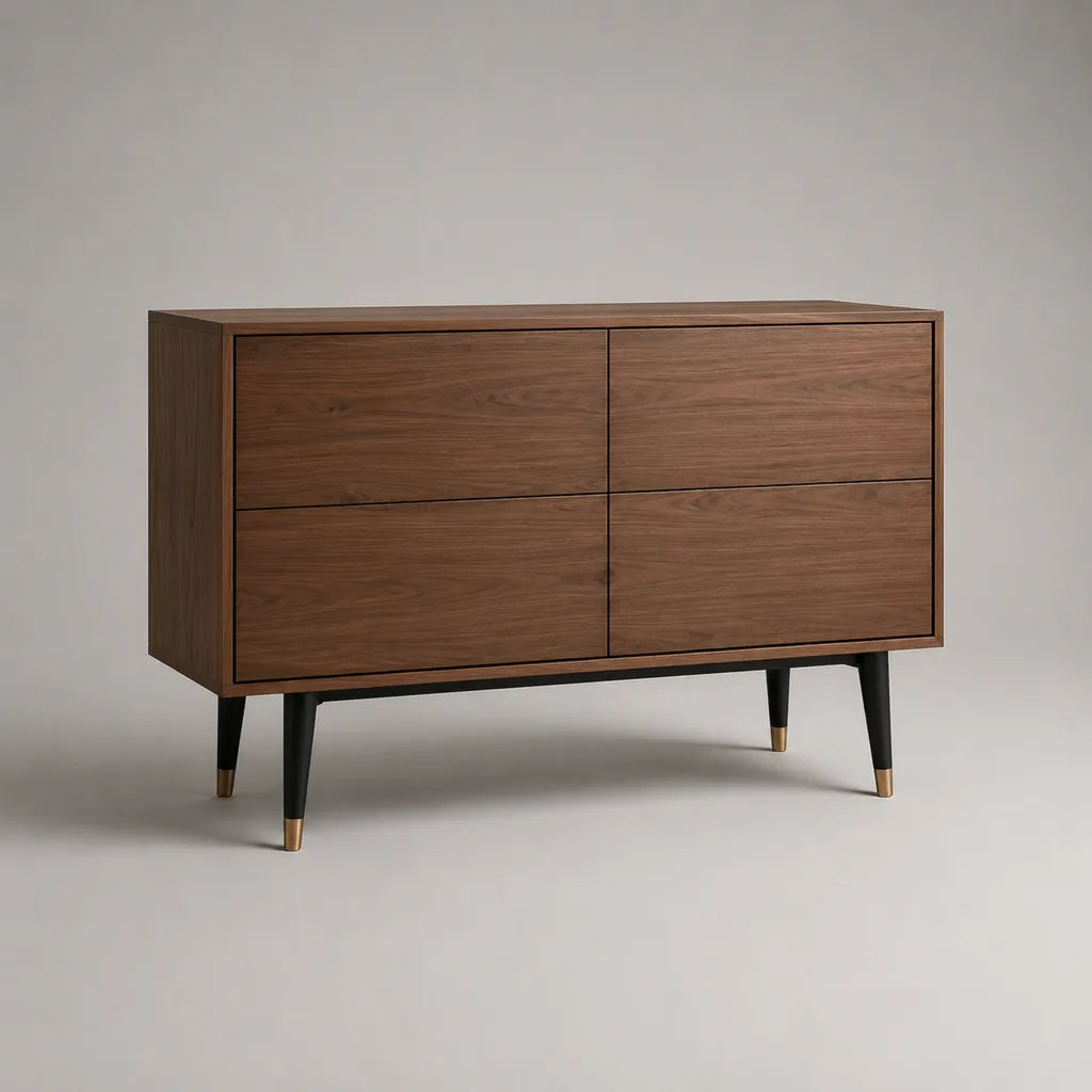Scatola con 4 cassetti in legno e metallo, marrone noce, nero e oro, 120 × 40 × 85 cm