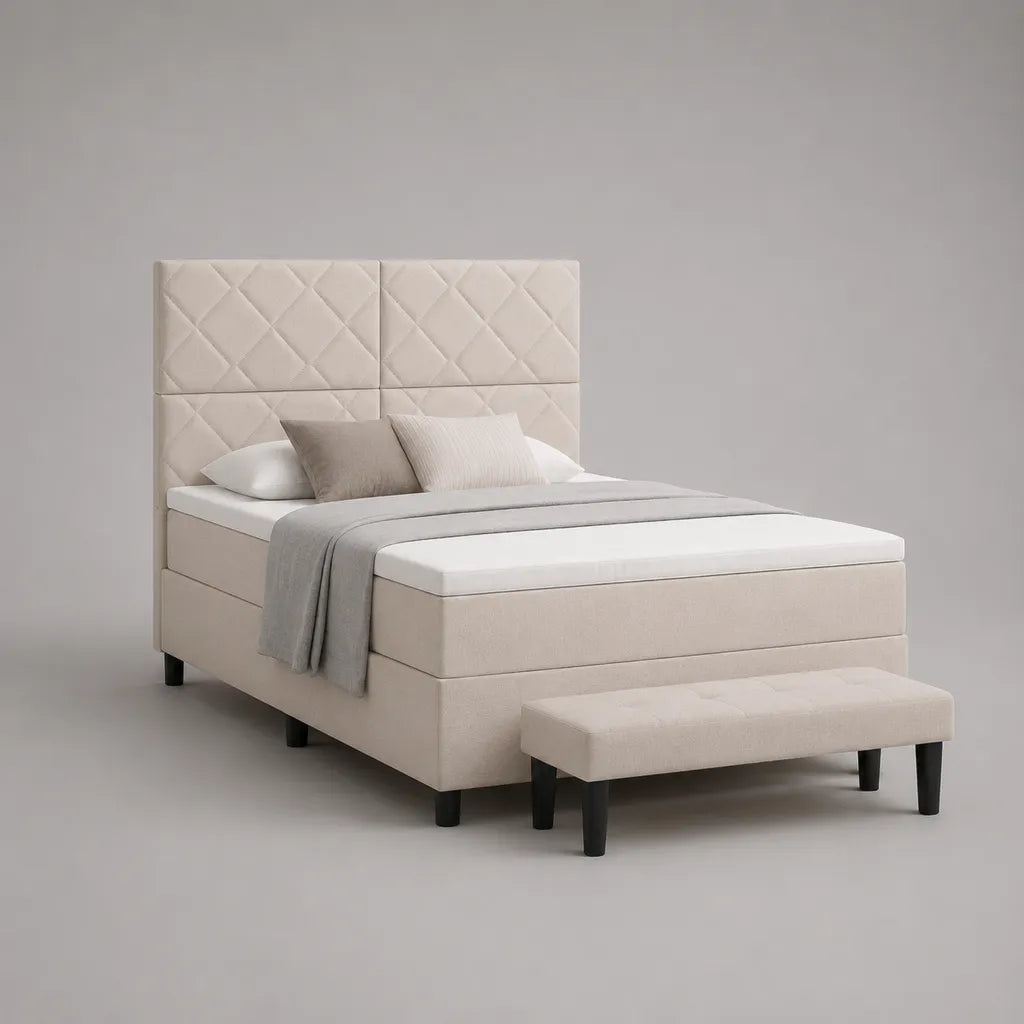 Letto matrimoniale imbottito beige con materasso, testa e panca, 170 × 215 × 140 cm, letto 160 × 200 cm