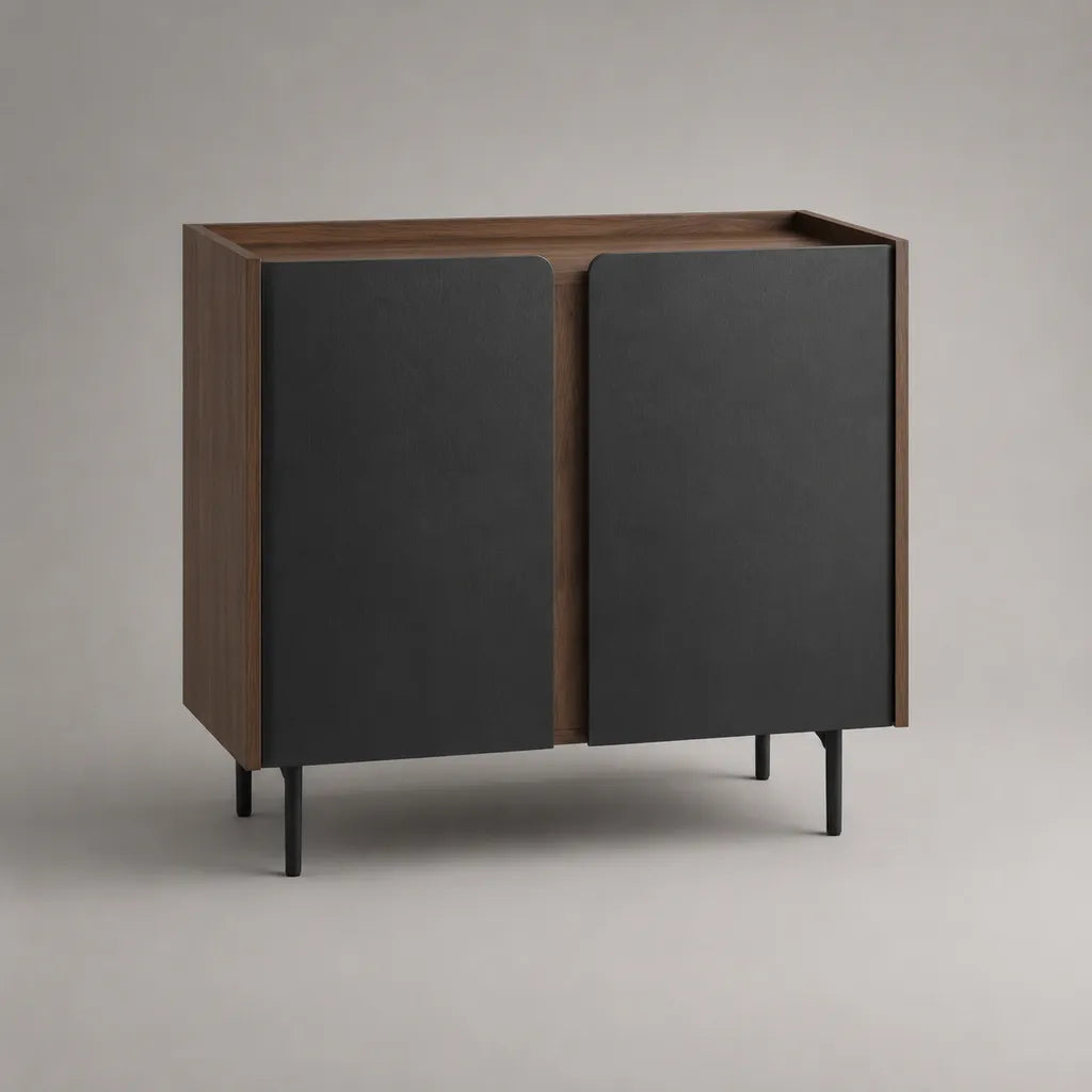 Buffet rettangolare a 2 porte in noce e acciaio placcato MDF, noce marrone, antracite e nero, 90 × 40 × 85 cm