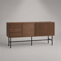 Armadio in noce MDF placcato e metallo nero, 3 porte e 3 cassetti, 180 × 45 × 80 cm