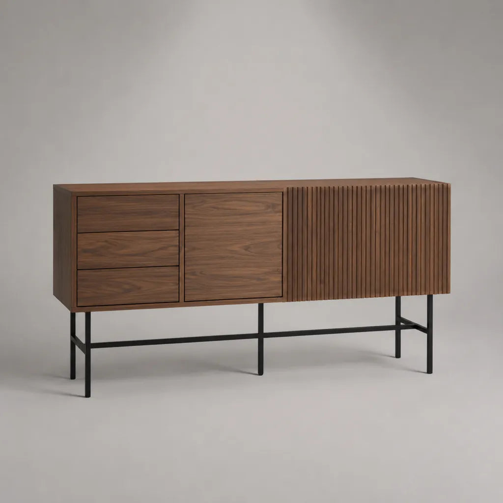 Armadio in noce MDF placcato e metallo nero, 3 porte e 3 cassetti, 180 × 45 × 80 cm