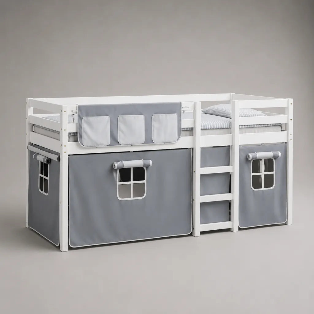 Letto in legno bianco 90 × 200 cm con lettino, scala e tenda in tessuto grigio, dimensioni 208 × 98 × 160 cm