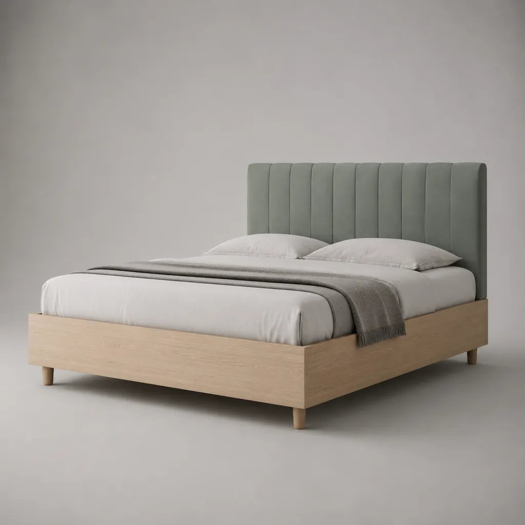 Letto matrimoniale 160 × 200 cm in legno di rovere chiaro decorazione pannello di particelle con testa di letto imbottita in tessuto saggio grigio