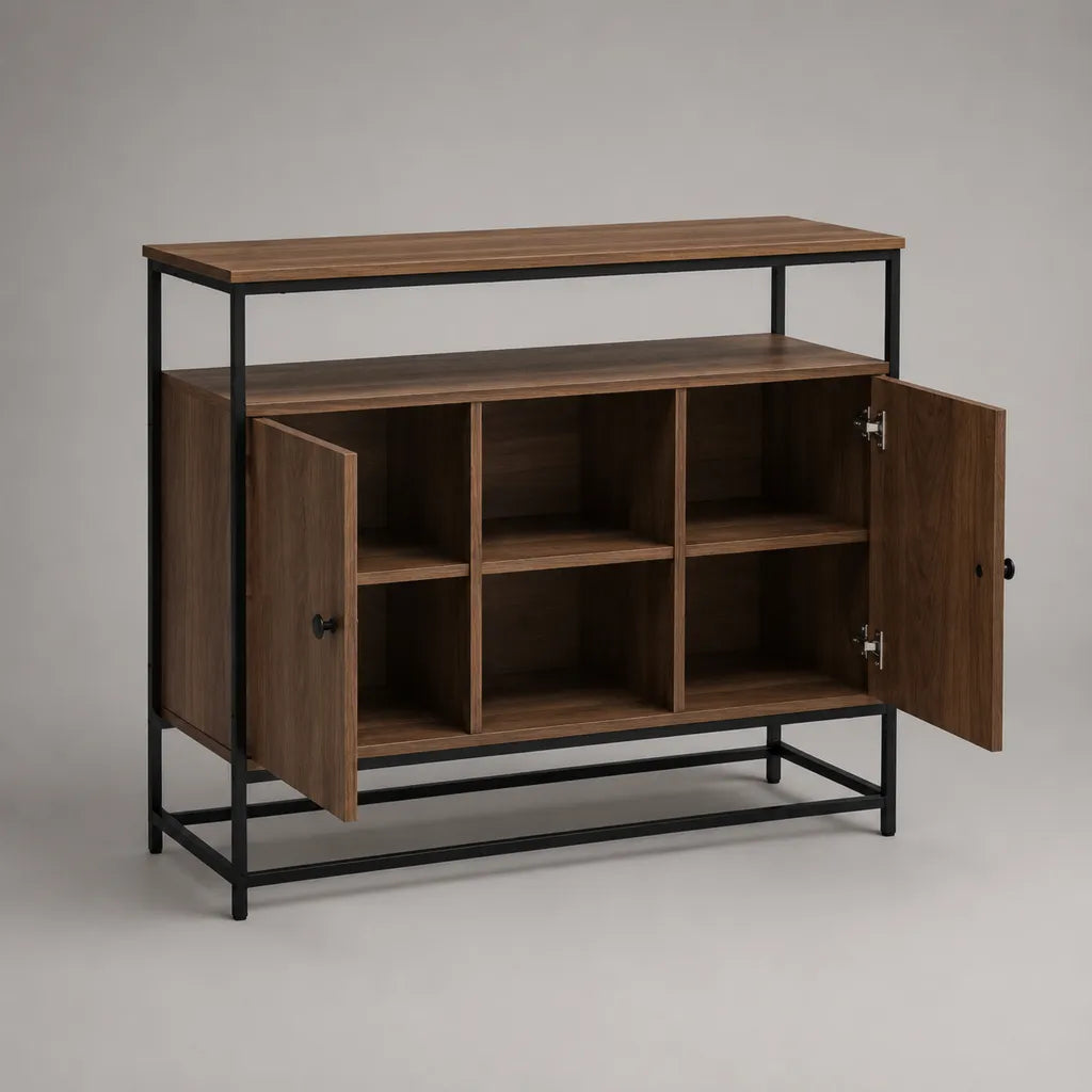 Armadietto rettangolare a 2 porte e 6 parti in pannello di particelle e acciaio, marrone noce e nero, 120 × 35 × 105 cm