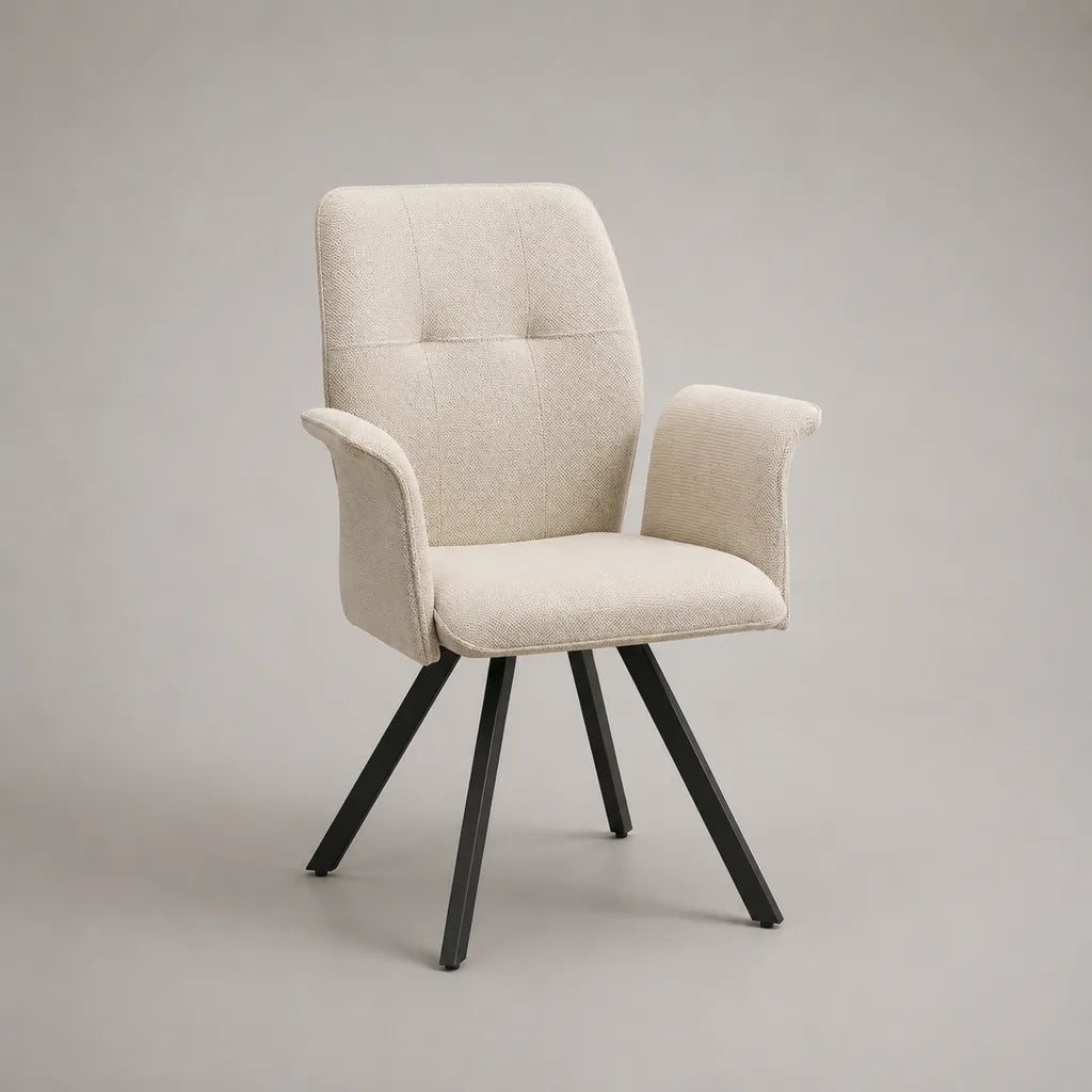 Sedia da pranzo con braccioli in poliestere beige e acciaio nero, 61 × 62 × 91 cm