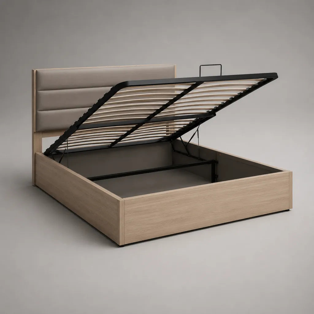 Letto matrimoniale in legno 160 × 200 cm, dimensioni 169 × 216 × 110 cm, letto imbottito testa, rovere leggero, mole e nero