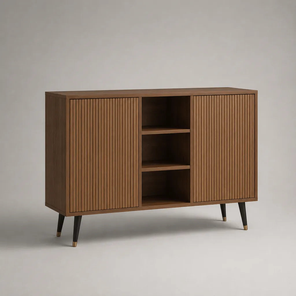 Armadietto con noci MDF, 2 porte scanalate e 3 nicchie, marrone, 140 × 40 × 90 cm