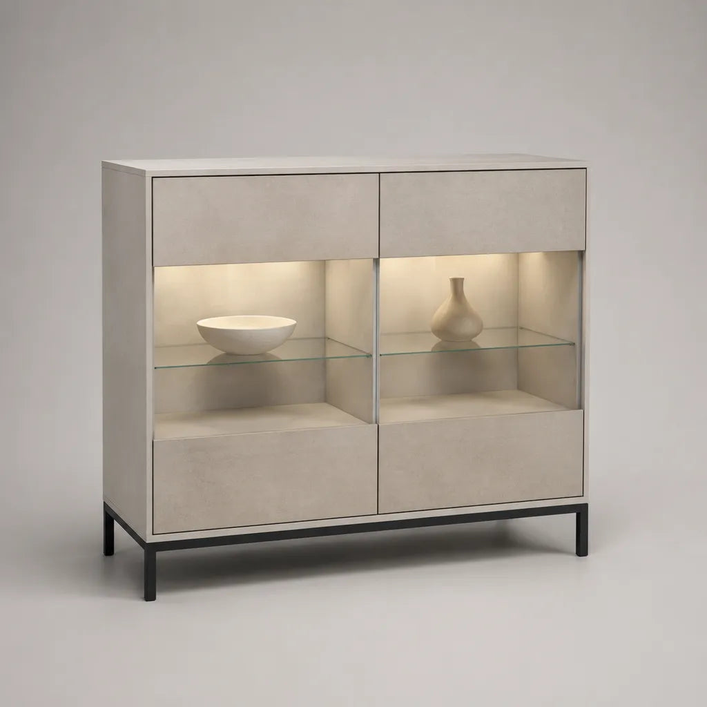 Buffet finestra rettangolare con illuminazione a LED, MDF, pietà in vetro temperato e acciaio, cemento chiaro e nero grigio, 120 × 40 × 120 cm