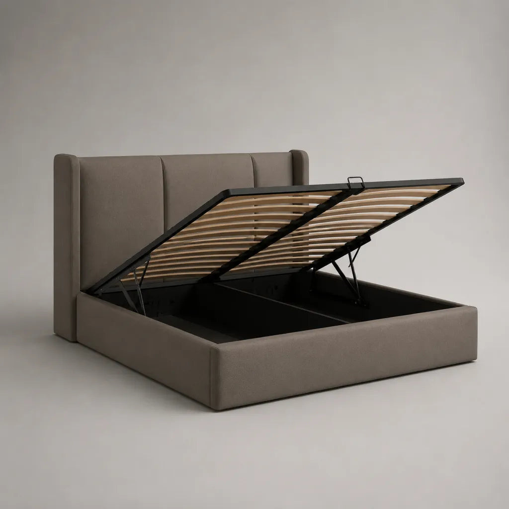 Lettino doppio imbottito petto in tessuto con letto con latte in metallo, taupe, letto 160 × 200 cm