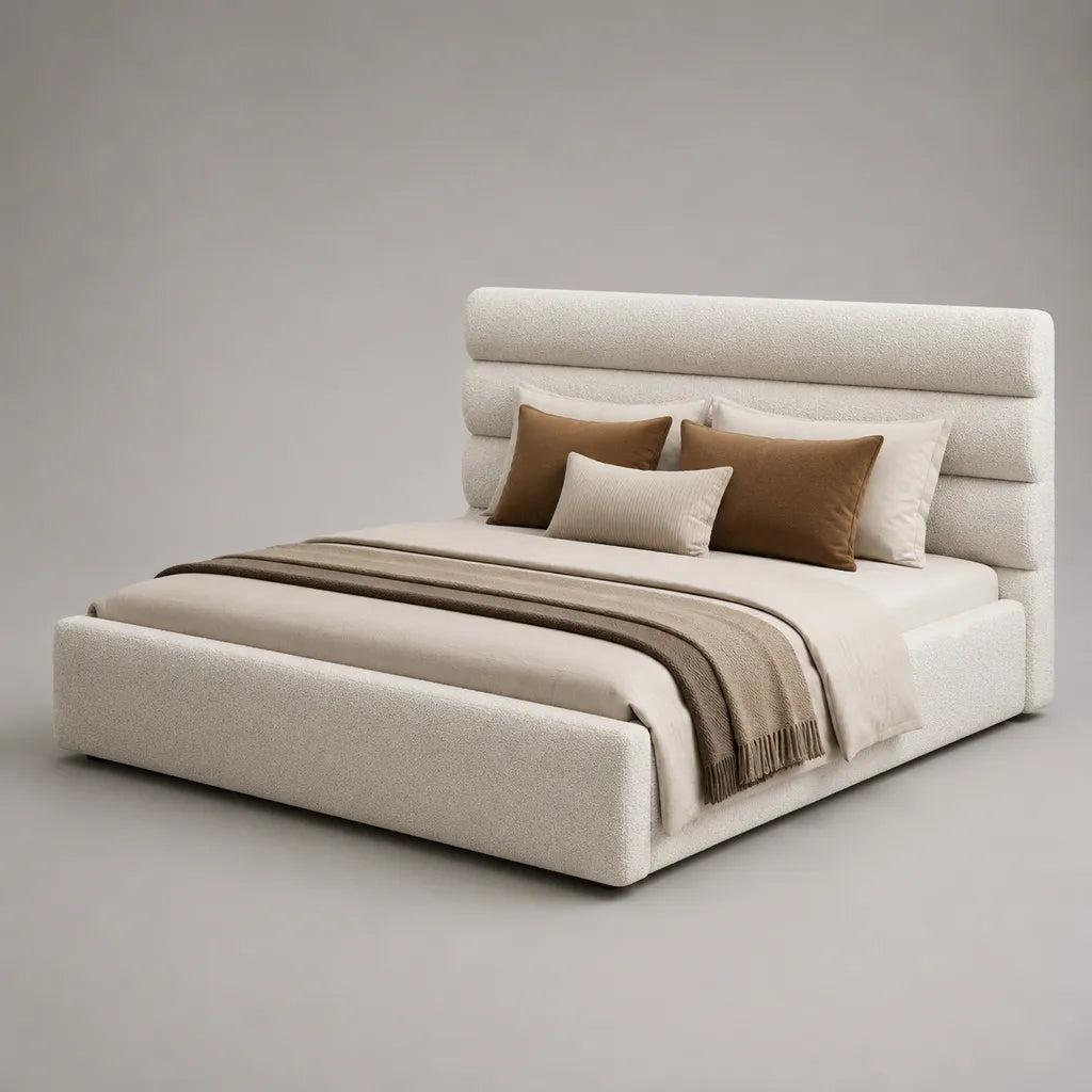 Letto matrimoniale imbottito in tessuto spugna avorio con testata e letto con latte, letto 160 × 200 cm, dimensioni 180 × 225 × 135 cm