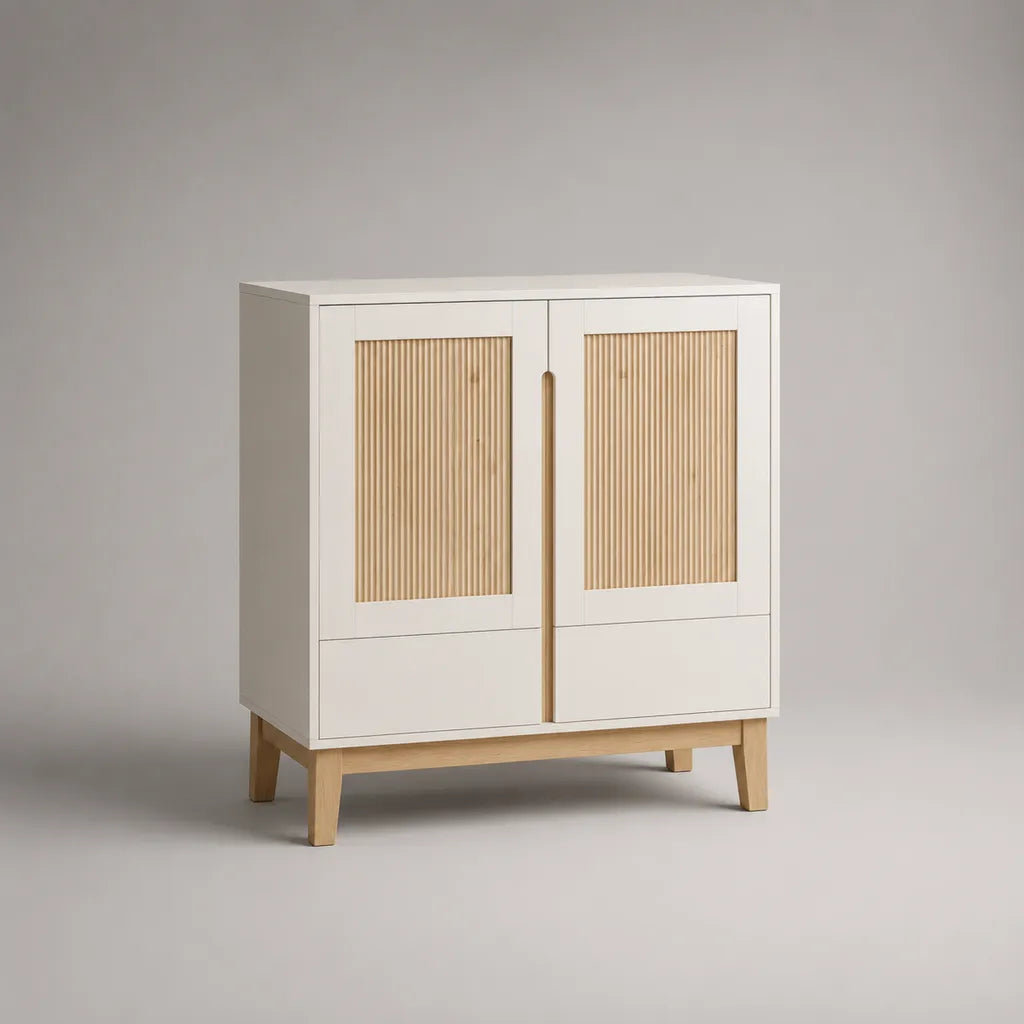 Tavolo ripostiglio rettangolare in legno con 2 porte, bianco opaco e legno naturale, 80 × 40 × 90 cm