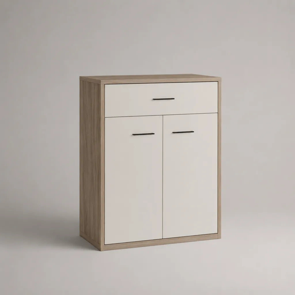 Tavola a particelle rettangolare di fascia alta, 2 porte e 1 cassetto, rovere bianco e leggero, 80 × 35 × 110 cm