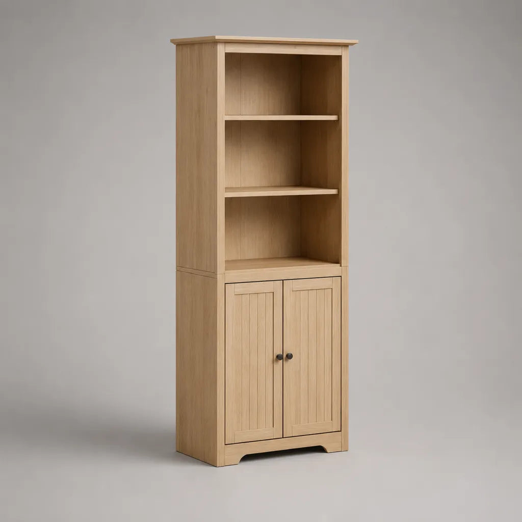 Libreria rettangolare in pannelli di particelle e MDF con 2 porte e 2 ripiani, rovere chiaro e nero, 60 × 35 × 180 cm