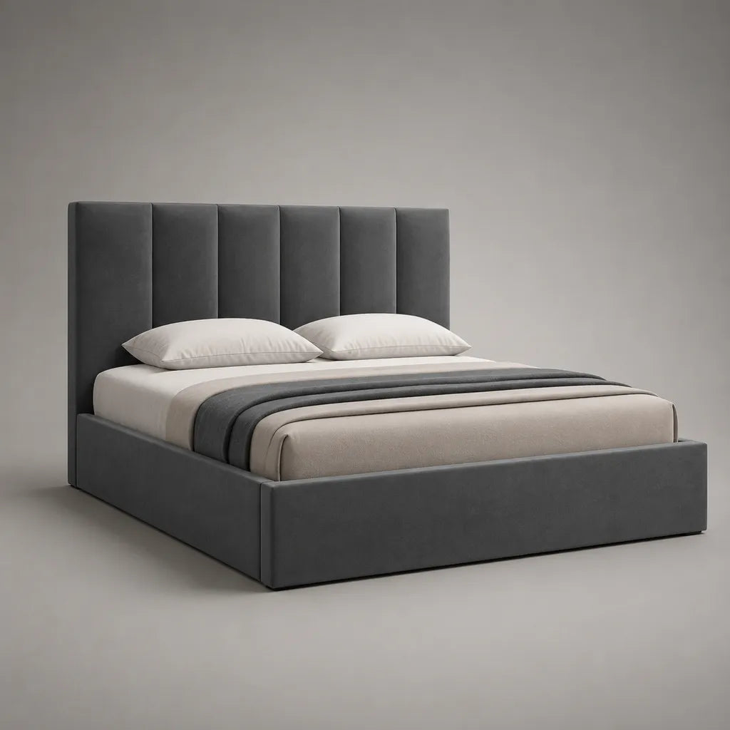 Scatola letto 2 posti imbottiti in tessuto grigio antracite, letto 160 × 200 cm, dimensioni 176 × 215 × 120 cm