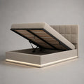Lettino doppio imbottito in tessuto beige e metallo nero, letto da 160 × 200 cm, letto con latte e illuminazione a LED