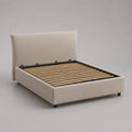 Lettino imbottito doppio petto in tessuto beige con testa da letto e piano letto con latte, letto 160 × 200 cm, dimensioni 220 × 176 × 112 cm