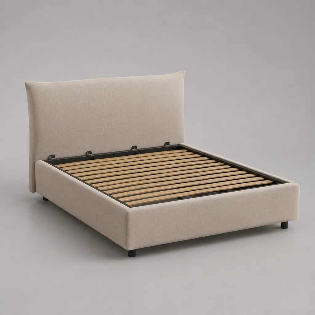 Lettino imbottito doppio petto in tessuto beige con testa da letto e piano letto con latte, letto 160 × 200 cm, dimensioni 220 × 176 × 112 cm