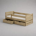 Letto singolo in legno naturale con barriere e 2 cassetti, letto 90 × 200 cm, dimensioni 205 × 96 × 80 cm