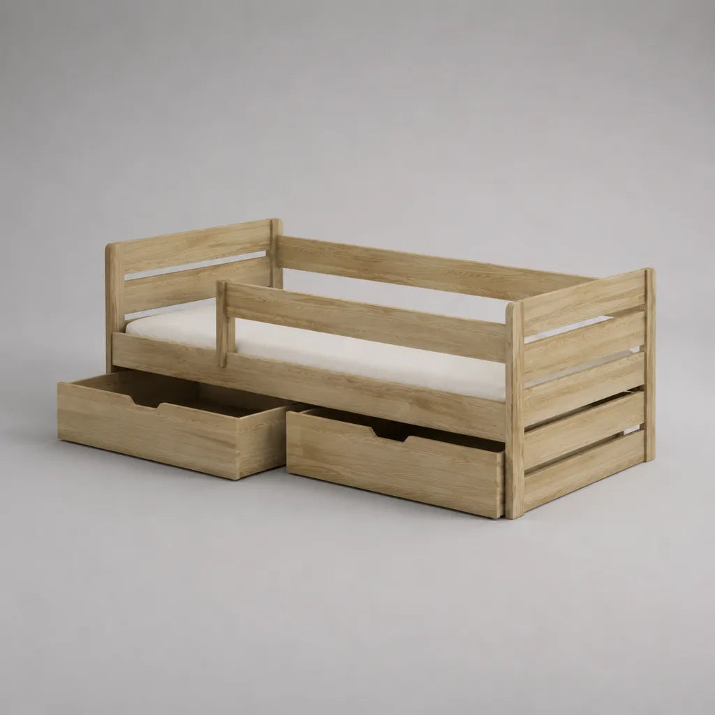 Letto singolo in legno naturale con barriere e 2 cassetti, letto 90 × 200 cm, dimensioni 205 × 96 × 80 cm