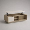 Tavolo rettangolare in legno e metallo con stoccaggio, rovere chiaro e bianco, 120 × 60 × 45–60 cm