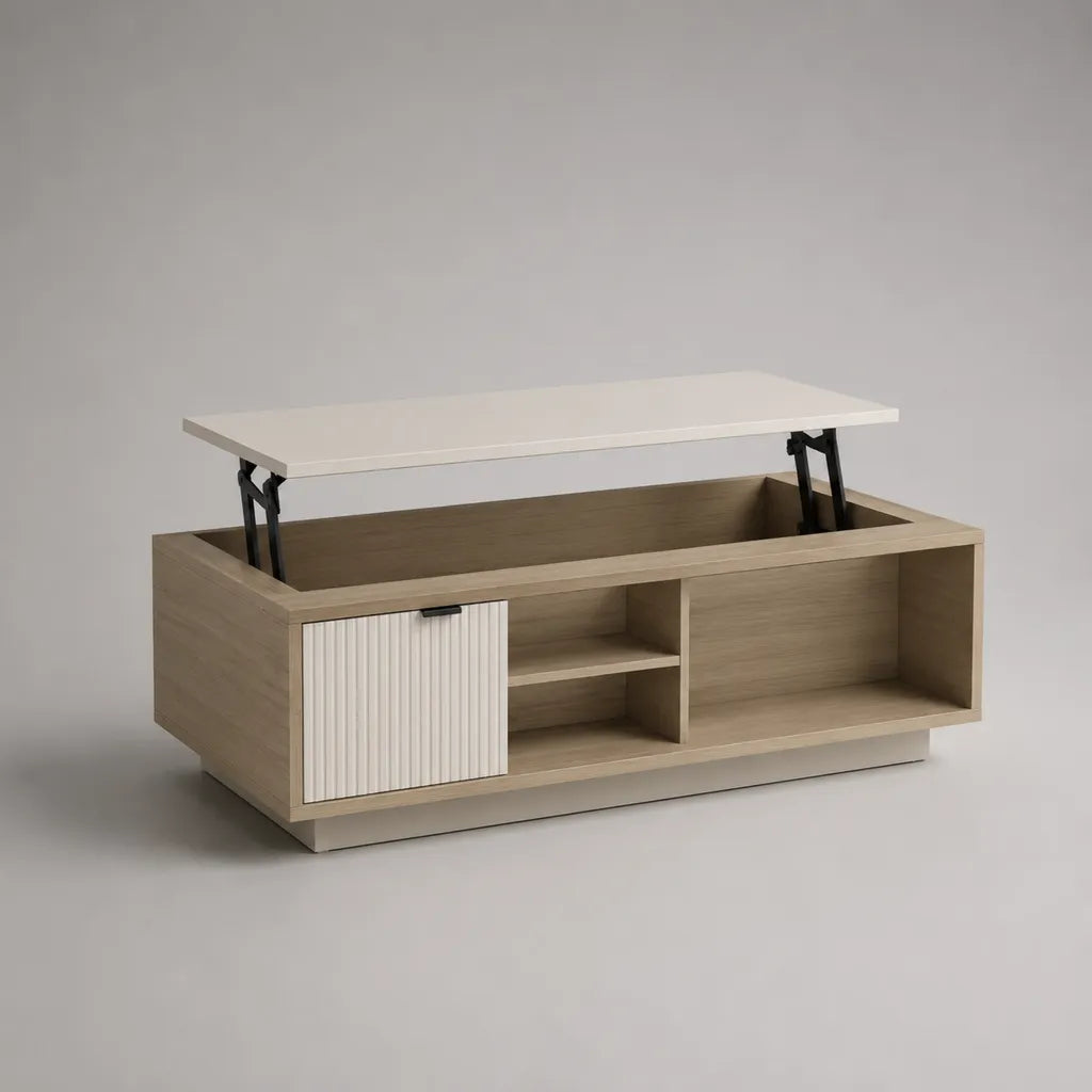 Tavolo rettangolare in legno e metallo con stoccaggio, rovere chiaro e bianco, 120 × 60 × 45–60 cm
