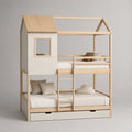 Letto cabina in legno per bambini superposto, 2 letti 90 × 190 cm con cassetto, legno bianco e naturale, 198 × 98 × 220 cm