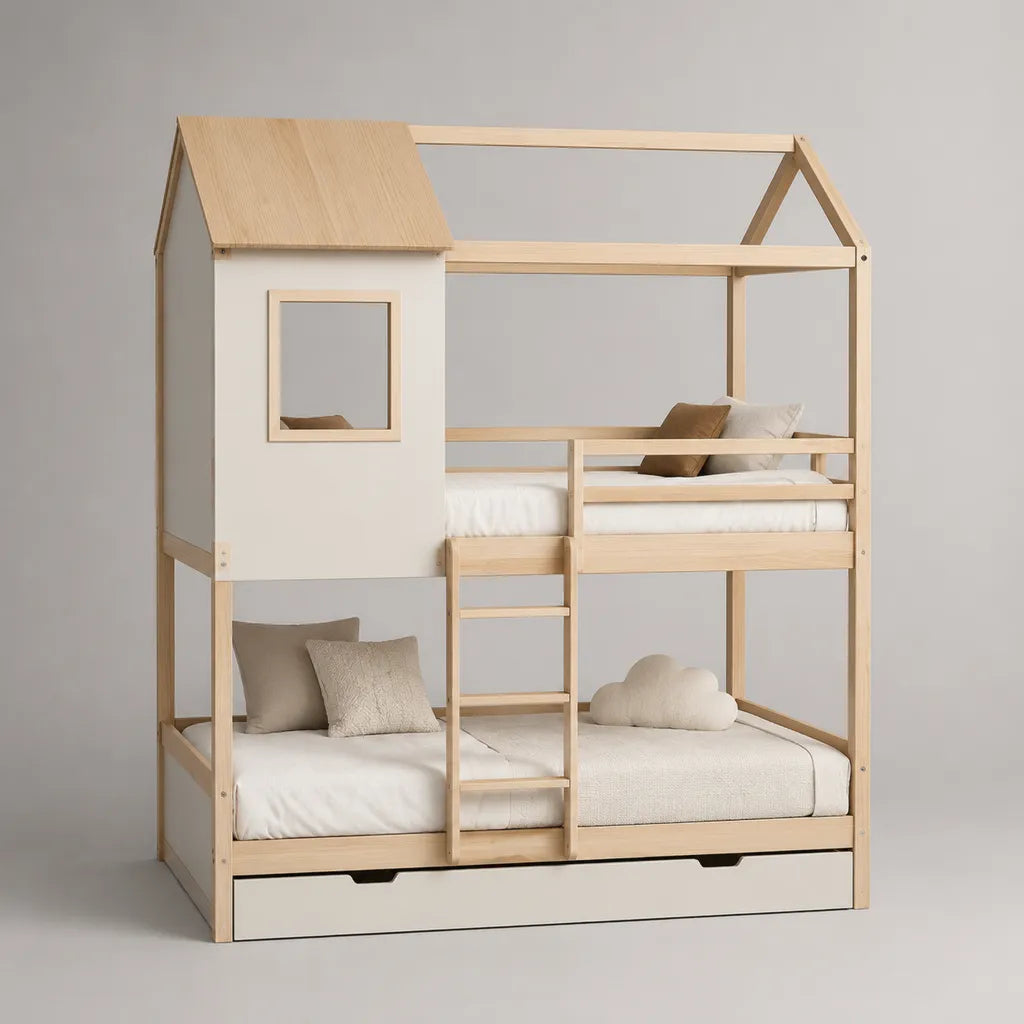 Letto cabina in legno per bambini superposto, 2 letti 90 × 190 cm con cassetto, legno bianco e naturale, 198 × 98 × 220 cm