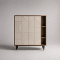 Credenza alta in MDF scanalato con 4 ante e 3 vani, beige chiaro e noce, 120 × 40 × 120 cm