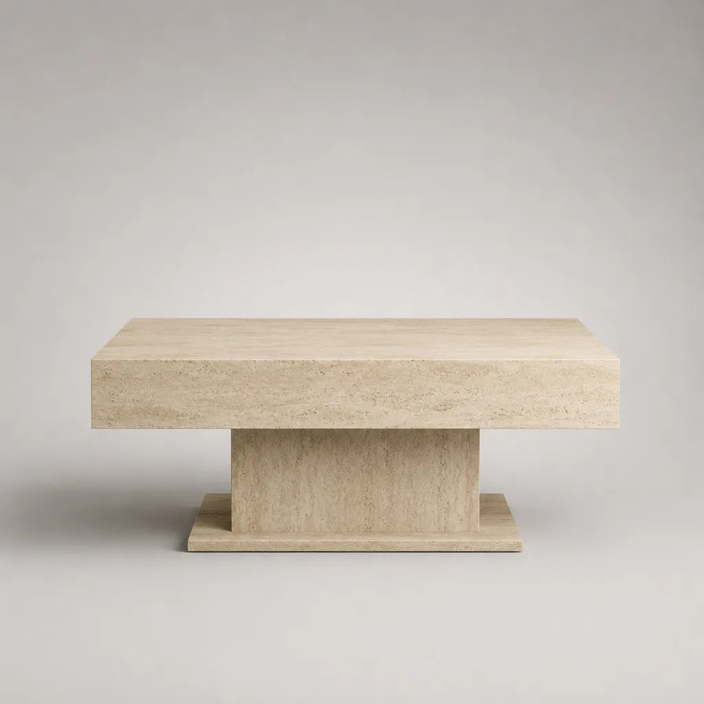 Tavolo rettangolare in travertino beige e crema, 100 × 60 × 45 cm