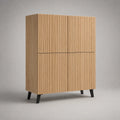 4 porte piano in legno e metallo, facciata in scatola, rovere naturale e nero, 120 × 40 × 150 cm