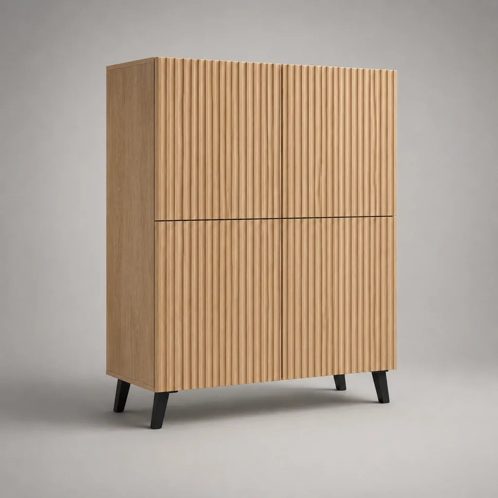 4 porte piano in legno e metallo, facciata in scatola, rovere naturale e nero, 120 × 40 × 150 cm
