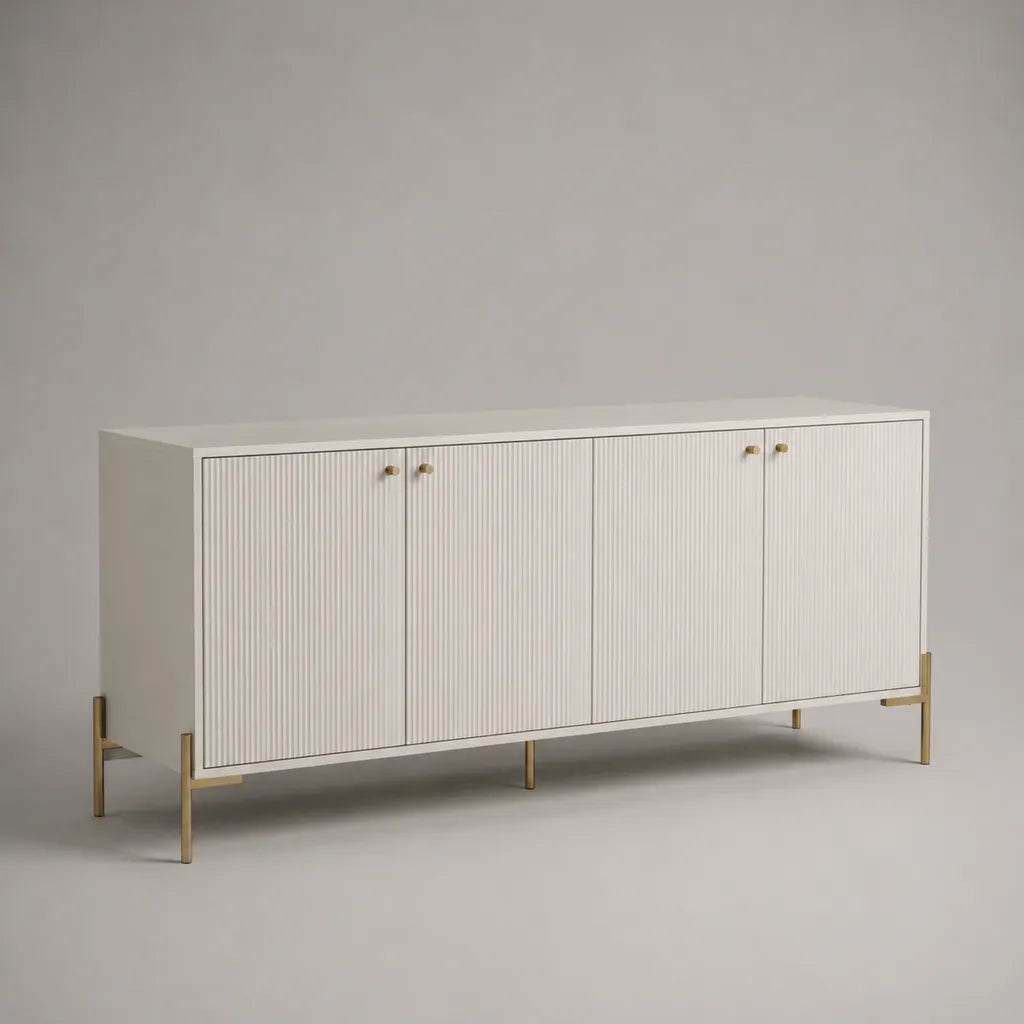 Buffet rettangolare a 4 porte in MDF e acciaio, bianco e oro, 160 × 40 × 80 cm