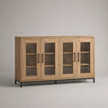 Armadio a 4 porte in pannello di particelle melamine con effetto quercia e vetro, acciaio nero pieticamente, 180 × 40 × 100 cm