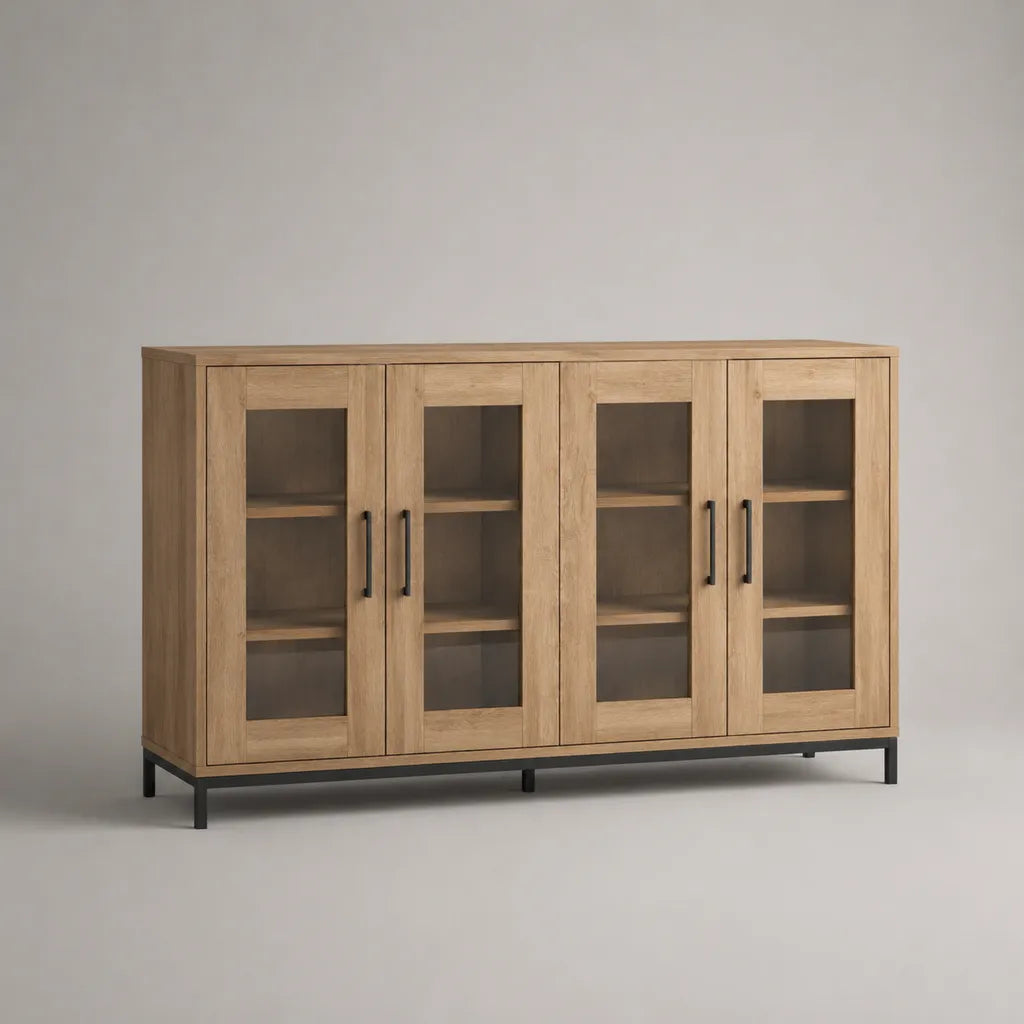 Armadio a 4 porte in pannello di particelle melamine con effetto quercia e vetro, acciaio nero pieticamente, 180 × 40 × 100 cm
