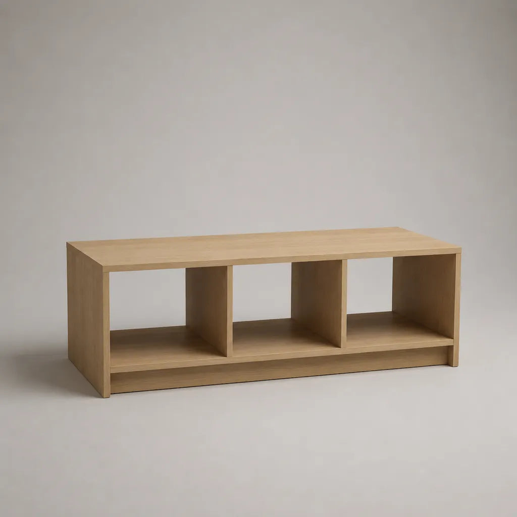 Tavolino rettangolare in legno con 3 nicchie, rovere naturale, 120 × 50 × 45 cm