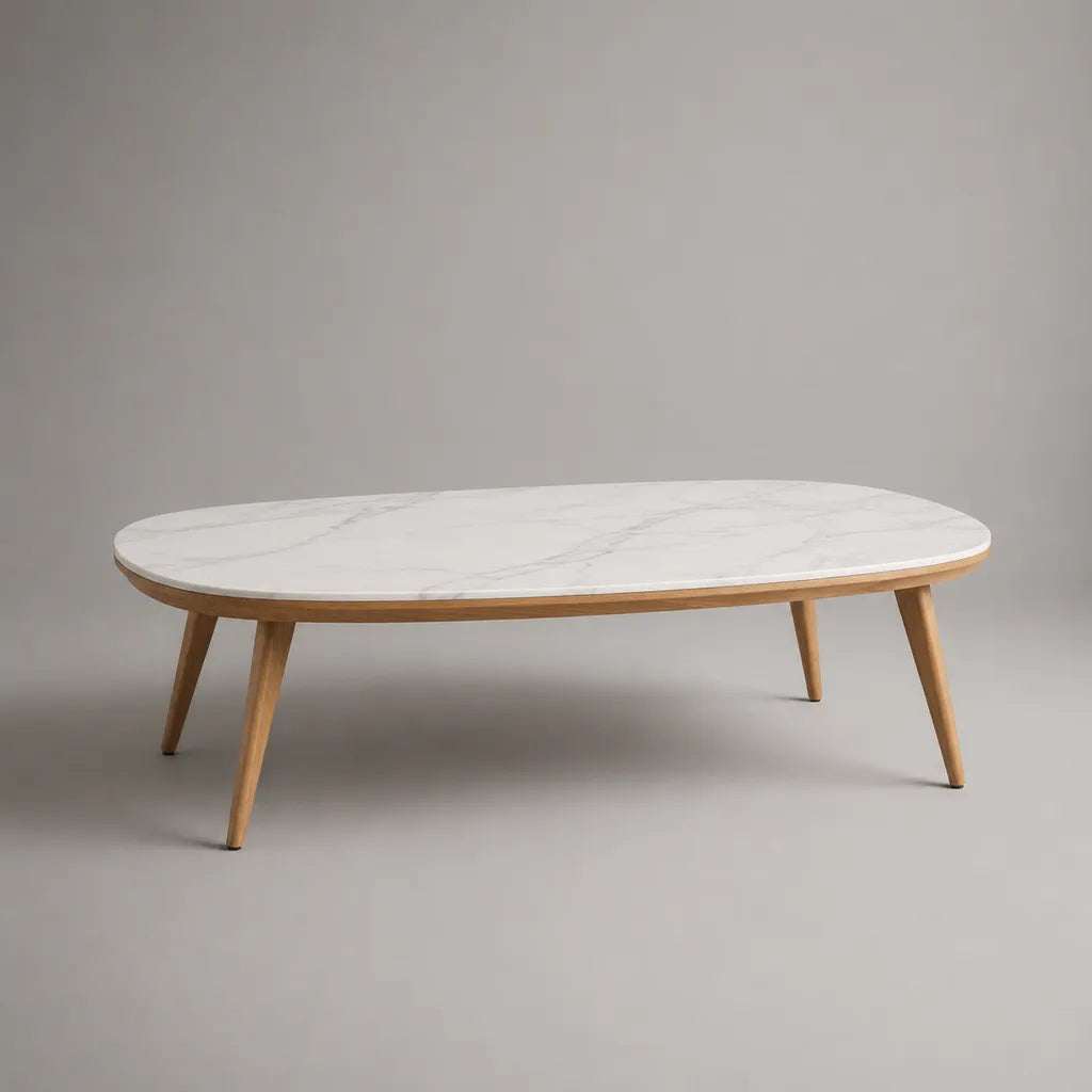 Tavolino ovale MDF e legno massello, effetto marmo bianco, legno grigio chiaro e chiaro, 120 × 60 × 40 cm
