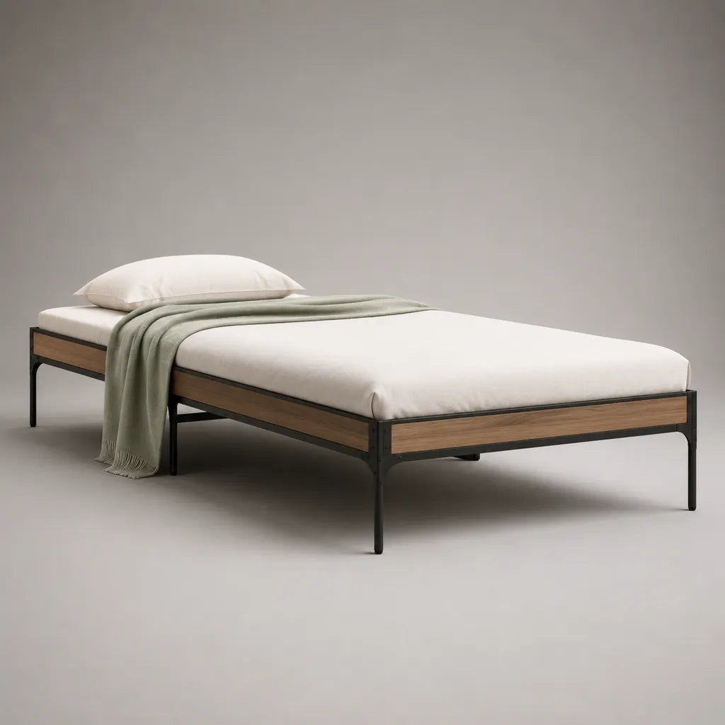 Cornice letto un quadrato in acciaio e legno, rovere nero e marrone, posti letto 90 × 200 cm, dimensioni 205 × 95 × 35 cm