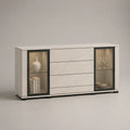 Buffet bahut rettangolare in MDF e vetro, 4 cassetti e 2 porte in vetro, marmo bianco rotto e effetto nero, 180 × 42 × 82 cm