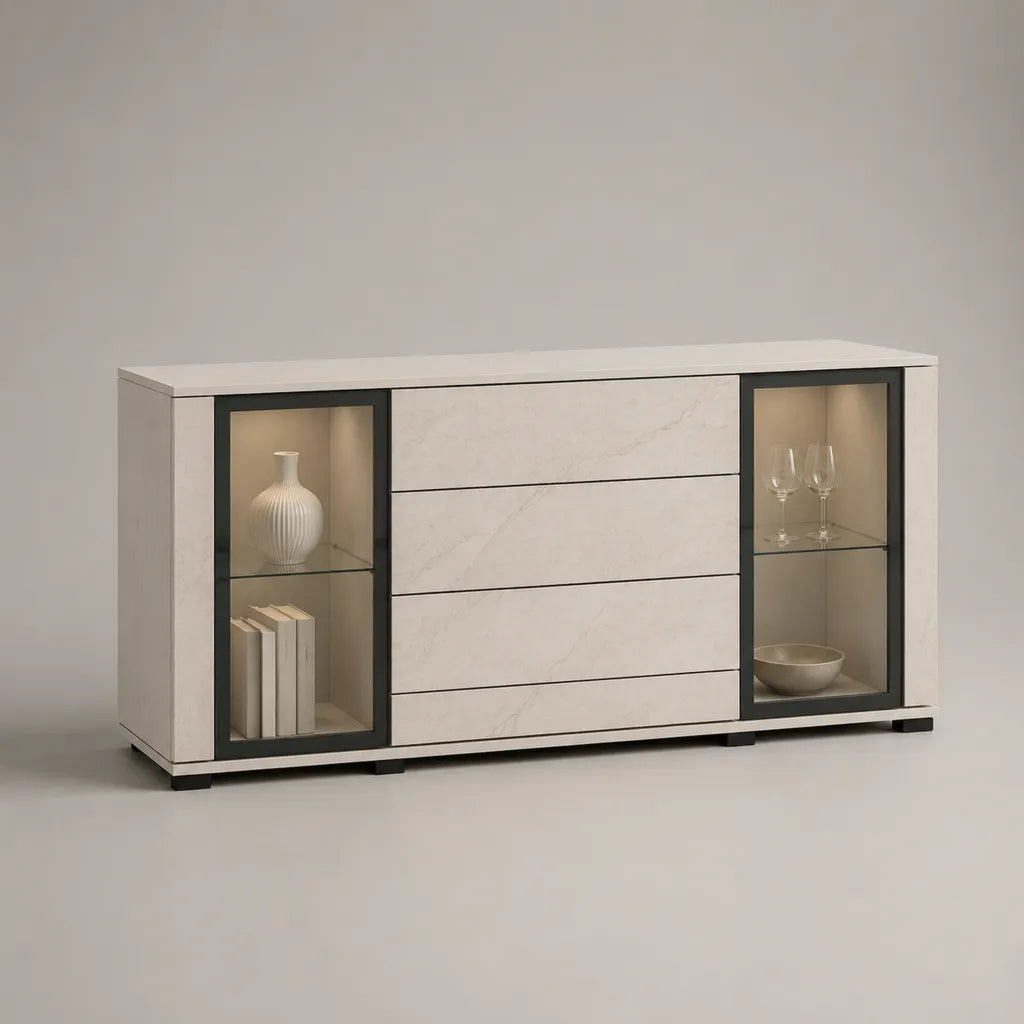 Buffet bahut rettangolare in MDF e vetro, 4 cassetti e 2 porte in vetro, marmo bianco rotto e effetto nero, 180 × 42 × 82 cm