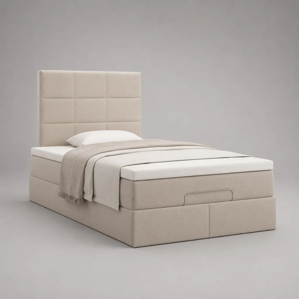 Letto singolo con contenitore in poliestere beige, letto 90 × 200 cm, dimensioni 105 × 215 × 140 cm