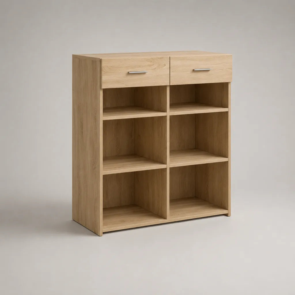 Armadio in pannello di particelle di melamina, 2 cassetti e 6 nicchie, rovere leggero, 90 × 35 × 110 cm