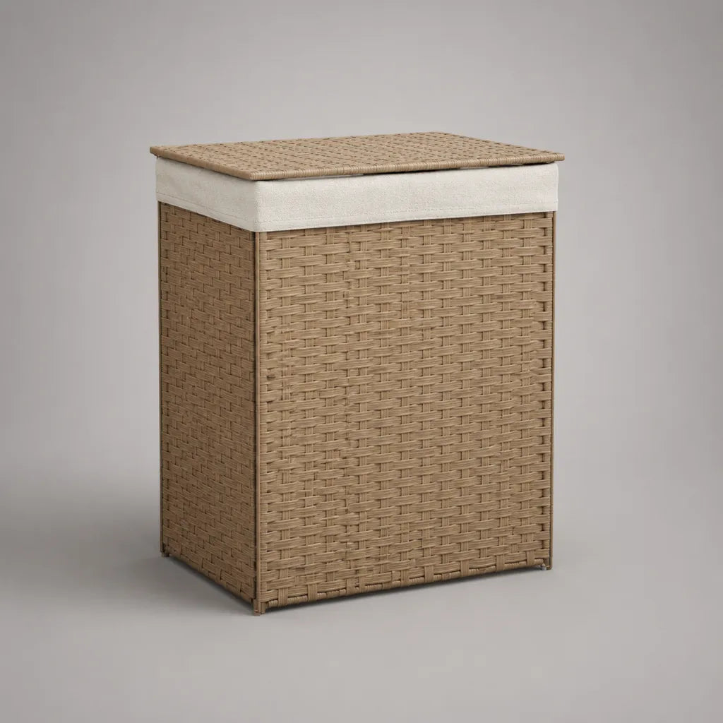 Cestino rettangolare in resina PE intrecciata con coperchio e borsa estraibile, beige ed ecru, 45 × 35 × 60 cm