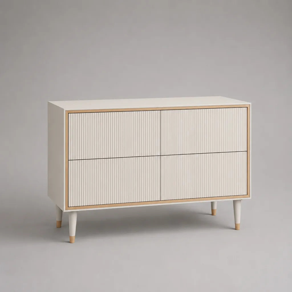 Buffet rettangolare a 4 porte in MDF bianco rotto scanalato e legno leggero, 120 × 40 × 80 cm