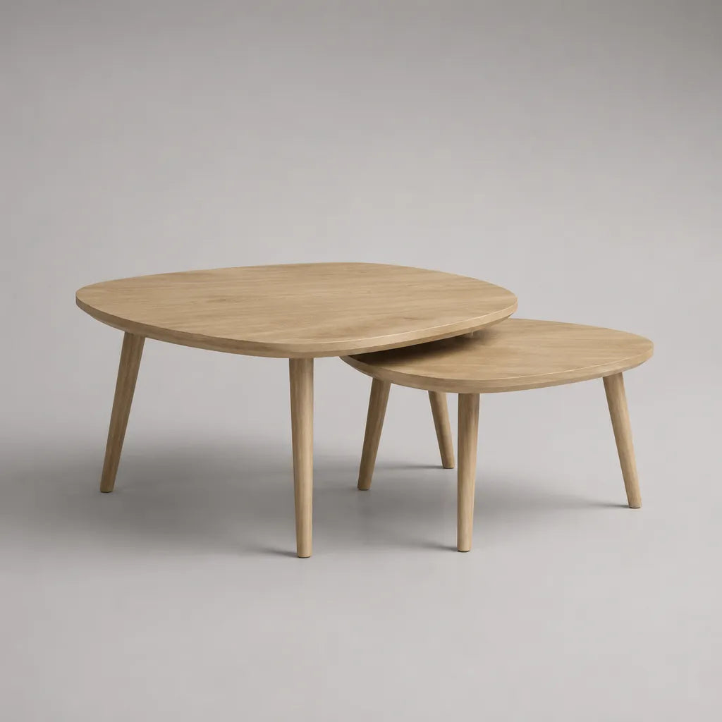 Set di 2 tavolini in rovere massiccio e rivestito in MDF, rovere naturale, 80 × 60 × 45 cm e 60 × 45 × 38 cm