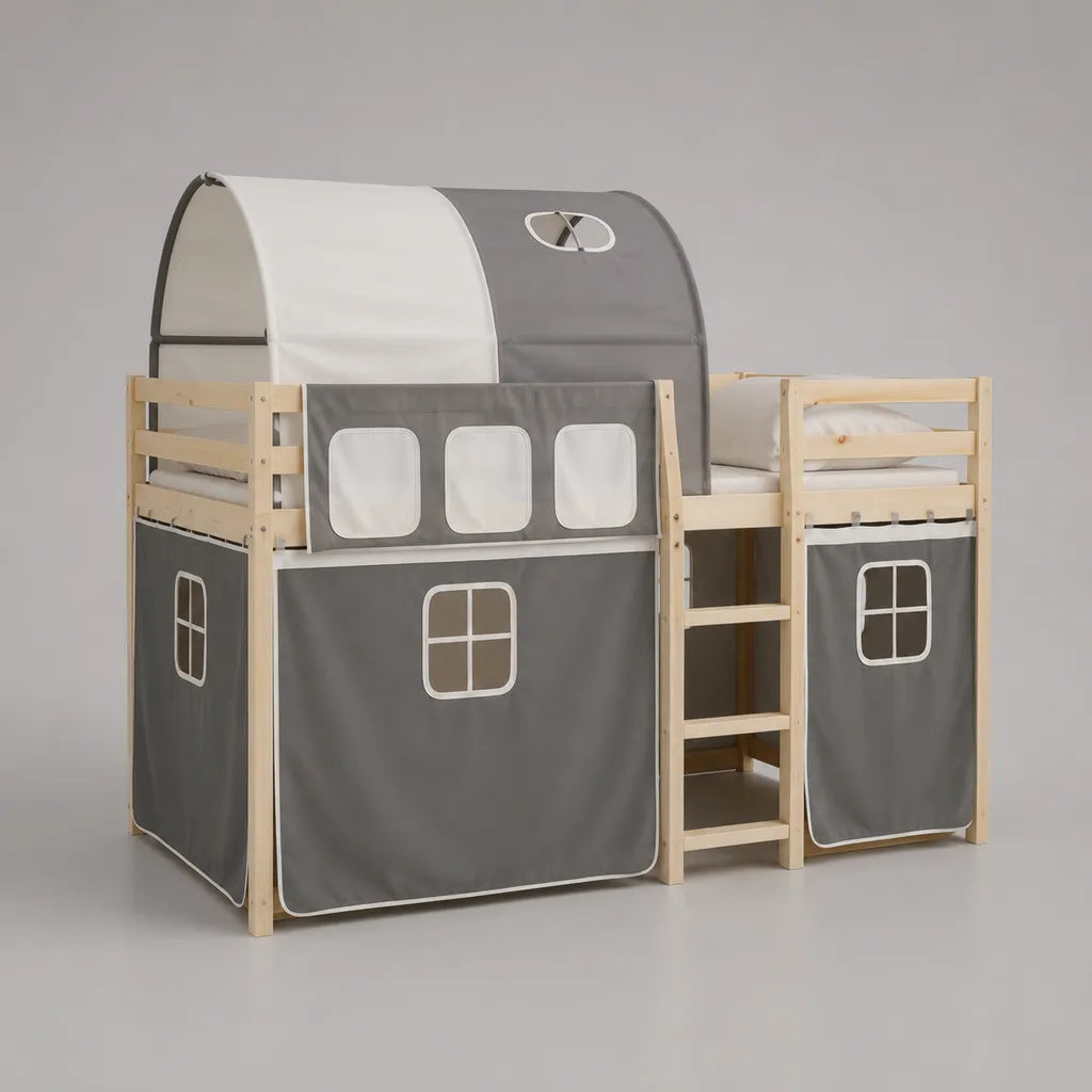Letto mezzanine in legno con tenda in tessuto grigio e bianco, letto 90 × 200 cm, dimensioni 208 × 97 × 185 cm