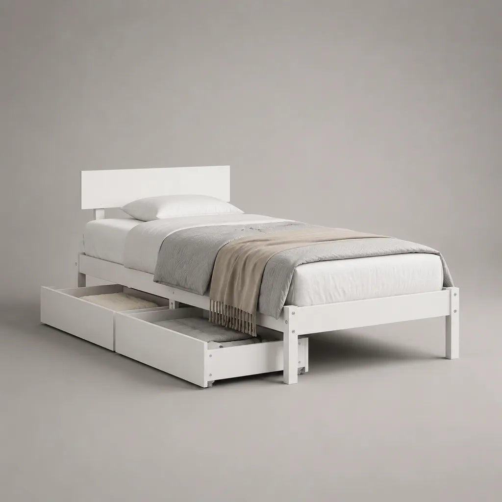Letto singolo in pino bianco massiccio con 2 cassetti, letto 90 × 200 cm, dimensioni 205 × 96 × 80 cm